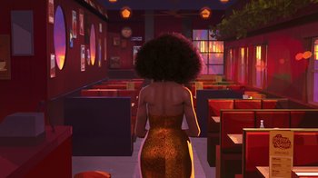 Movie still from “Entergalactic” (2022), directed by Fletcher Moules – A woman in an orange dress is walking in a restaurant; Extreme Wide shot, Low angle