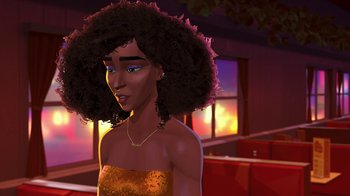 Movie still from “Entergalactic” (2022), directed by Fletcher Moules – An african american woman with large afro hair; Close Up shot, Over the shoulder angle