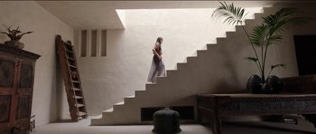 Movie still from “Knight of Cups” (2015), directed by Terrence Malick – A woman walking up a set of stairs; Wide shot, Low angle