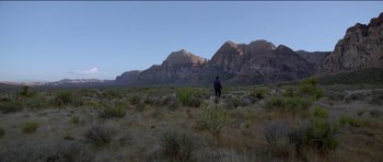 Movie still from “Knight of Cups” (2015), directed by Terrence Malick – A person standing in the middle of a field with mountains in the background; Extreme Wide shot, Low angle