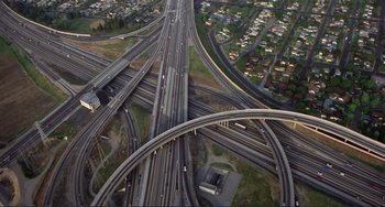 An aerial view of an intersection in a large city