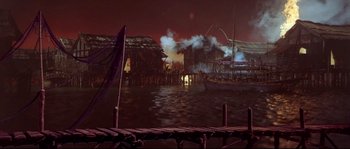 Movie still from “Krakatoa: East of Java” (1968), directed by Bernard L. Kowalski – An image of an animated scene of a boat in the water at night time; Extreme Wide shot, High angle