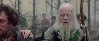 Movie still from “Krull” (1983), directed by Peter Yates – An old man with long white hair and a long beard; Close Up shot, Low angle