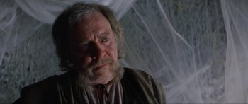 Movie still from “Krull” (1983), directed by Peter Yates – An old man with a beard and blue eyes looking at the camera; Close Up shot, Low angle
