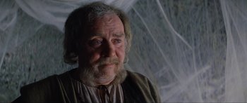 Movie still from “Krull” (1983), directed by Peter Yates – An old man with a beard and a long mustache; Close Up shot, Low angle