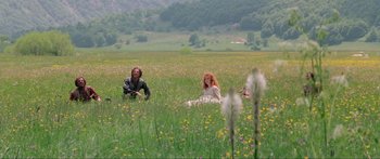 Movie still from “Krull” (1983), directed by Peter Yates – A man and a woman sitting in a field of flowers; Extreme Wide shot, High angle