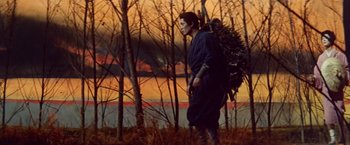 Movie still from “Kwaidan” (1964), directed by Masaki Kobayashi – A woman walking through the woods carrying a tree; Wide shot, Low angle