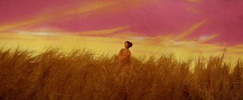 Movie still from “Kwaidan” (1964), directed by Masaki Kobayashi – A woman standing in a field of tall brown grass; Extreme Wide shot, Low angle