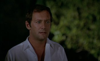 Movie still from “The Swimming Pool” (1969), directed by Jacques Deray – A person wearing a white shirt; Close Up shot, Low angle