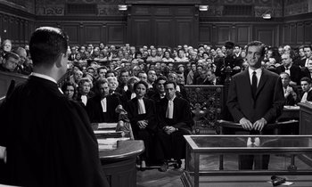 Movie still from “The Truth” (1960), directed by Henri-Georges Clouzot – A group of people in a court room; Medium shot, High angle