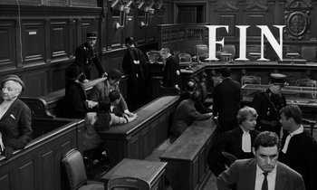 Movie still from “The Truth” (1960), directed by Henri-Georges Clouzot – A black and white photo of a court room; Extreme Wide shot, High angle