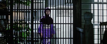 Movie still from “Lady Snowblood” (1973), directed by Toshiya Fujita – A woman in a purple robe standing behind bars; Wide shot, Low angle