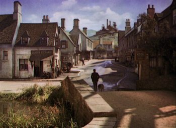 Movie still from “Lassie Come Home” (1943), directed by Fred M. Wilcox – A painting of a man walking a dog down a street; Extreme Wide shot, High angle