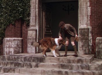 Movie still from “Lassie Come Home” (1943), directed by Fred M. Wilcox – A man and a dog on the steps of a building; Wide shot, High angle