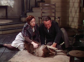 Movie still from “Lassie Come Home” (1943), directed by Fred M. Wilcox – A man and a woman sitting on the ground with a dog; Wide shot, High angle