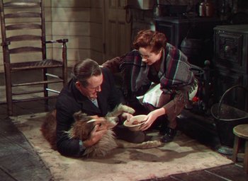 Movie still from “Lassie Come Home” (1943), directed by Fred M. Wilcox – A man and a woman petting a cat on the ground; Wide shot, High angle