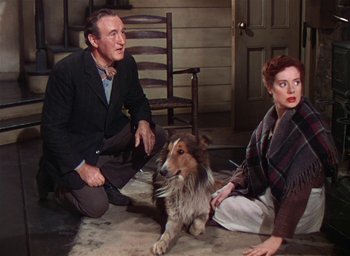 Movie still from “Lassie Come Home” (1943), directed by Fred M. Wilcox – A man and a woman sitting on the floor with a dog; Medium shot, High angle
