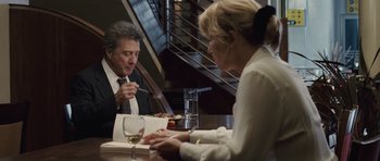 Movie still from “Last Chance Harvey” (2008), directed by Joel Hopkins – A man and a woman sitting at a table with wine glasses; Medium shot, Over the shoulder angle