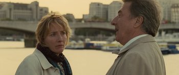 Movie still from “Last Chance Harvey” (2008), directed by Joel Hopkins – A man and a woman standing next to each other near a river; Close Up shot, Over the shoulder angle