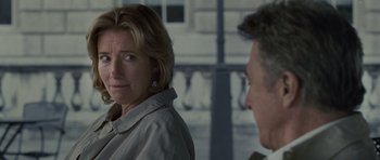 Movie still from “Last Chance Harvey” (2008), directed by Joel Hopkins – A woman standing next to a man in front of a building; Close Up shot, Over the shoulder angle