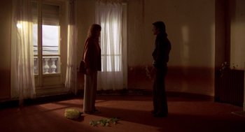 Movie still from “Last Tango in Paris” (1972), directed by Bernardo Bertolucci – Two people standing in a dimly - lit living room; Wide shot, Low angle