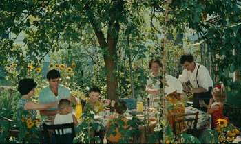 Movie still from “Happiness” (1965), directed by Agnès Varda – A group of people sitting at a table under a tree; Wide shot, High angle