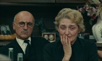 Movie still from “Happiness” (1965), directed by Agnès Varda – An older man and a younger woman sitting next to each other; Close Up shot, Over the shoulder angle