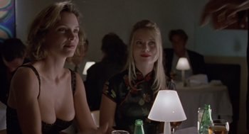 Movie still from “Leaving Las Vegas” (1995), directed by Mike Figgis – Two women sitting at a table with a lamp in the background; Close Up shot, Over the shoulder angle