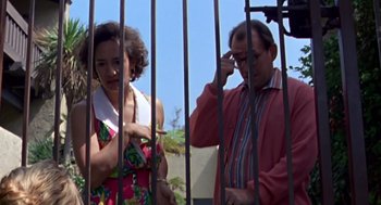 Movie still from “Leaving Las Vegas” (1995), directed by Mike Figgis – A man and a woman standing next to each other in front of a fence; Medium shot, Low angle