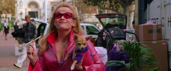 Movie still from “Legally Blonde” (2001), directed by Robert Luketic – A woman holding a small dog in her arms while standing next to a motorcycle; Medium shot, High angle