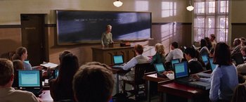 Movie still from “Legally Blonde” (2001), directed by Robert Luketic – A woman standing in front of a chalkboard; Wide shot, High angle