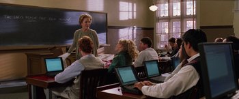 Movie still from “Legally Blonde” (2001), directed by Robert Luketic – A group of people sitting in a room with laptops; Medium shot, Over the shoulder angle