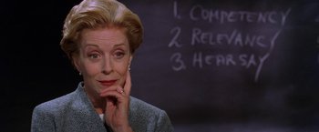Movie still from “Legally Blonde” (2001), directed by Robert Luketic – An older woman is sitting in front of a chalkboard; Close Up shot, Over the shoulder angle