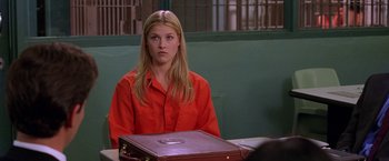 Movie still from “Legally Blonde” (2001), directed by Robert Luketic – A woman sitting at a table with a briefcase in front of her; Medium shot, Over the shoulder angle