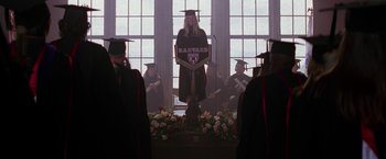 Movie still from “Legally Blonde” (2001), directed by Robert Luketic – A group of people standing in front of a window; Wide shot, Low angle
