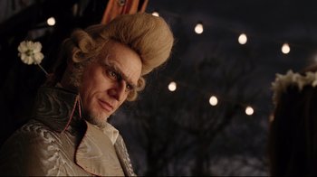 Movie still from “A Series of Unfortunate Events” (2004), directed by Brad Silberling – A person wearing a wig with lights in the background; Close Up shot, Low angle