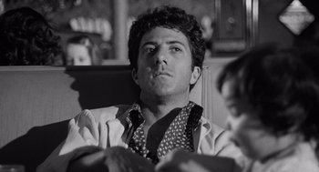 Movie still from “Lenny” (1974), directed by Bob Fosse – Black and white photograph of a young man in a shirt and tie; Close Up shot, Low angle