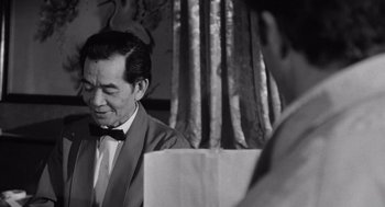 Movie still from “Lenny” (1974), directed by Bob Fosse – An older man wearing a suit and bow tie looking in the mirror; Medium shot, Over the shoulder angle