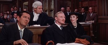 Movie still from “Les Girls” (1957), directed by George Cukor – A man and a woman sitting in a court room; Medium shot, High angle
