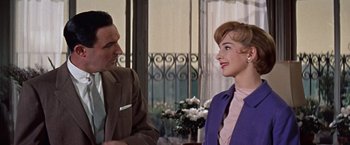 Movie still from “Les Girls” (1957), directed by George Cukor – A man and a woman talking to each other; Medium shot, Over the shoulder angle