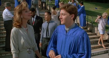 Movie still from “Less Than Zero” (1987), directed by Marek Kanievska – A group of young people standing next to each other; Medium shot, Over the shoulder angle