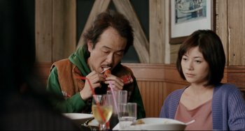 Movie still from “Like Father, Like Son” (2013), directed by Kore-eda Hirokazu – A man and a woman sitting at a dinner table; Medium shot, Over the shoulder angle
