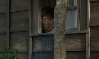 Movie still from “Like Someone in Love” (2012), directed by Abbas Kiarostami – An older woman looking out of a window at a tree; Medium shot, Low angle