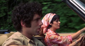 Movie still from “Little Murders” (1971), directed by Alan Arkin – A man and a woman sitting in the back of a car; Close Up shot, High angle