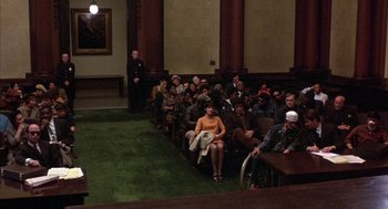 Movie still from “Little Murders” (1971), directed by Alan Arkin – A group of people sitting in a room; Wide shot, High angle