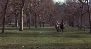 Movie still from “Little Murders” (1971), directed by Alan Arkin – Two people riding horses through a park with trees; Extreme Wide shot, High angle