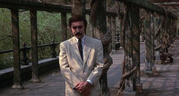 Movie still from “Little Murders” (1971), directed by Alan Arkin – A man wearing a suit and tie standing in front of a tree; Medium shot, Low angle
