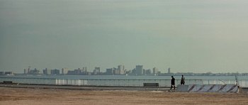 Movie still from “Little Odessa” (1994), directed by James Gray – A person walking on the beach near the water; Extreme Wide shot, High angle