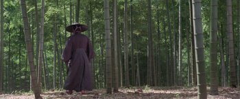 Movie still from “Lone Wolf and Cub: Baby Cart to Hades” (1972), directed by Kenji Misumi – A person standing in the middle of a bamboo forest; Wide shot, Low angle