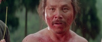 Movie still from “Lone Wolf and Cub: Baby Cart to Hades” (1972), directed by Kenji Misumi – A person with blood all over his face; Close Up shot, Low angle